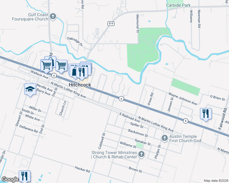 map of restaurants, bars, coffee shops, grocery stores, and more near 7440 Highway 6 in Hitchcock