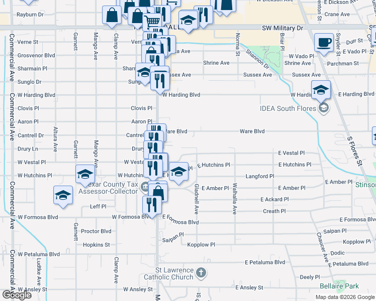 map of restaurants, bars, coffee shops, grocery stores, and more near 139 East Vestal Place in San Antonio