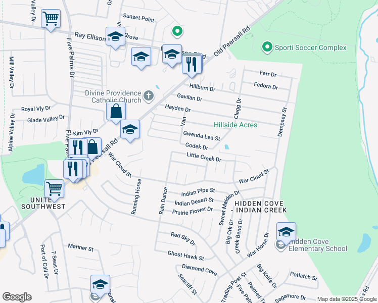 map of restaurants, bars, coffee shops, grocery stores, and more near 5503 Little Creek Drive in San Antonio
