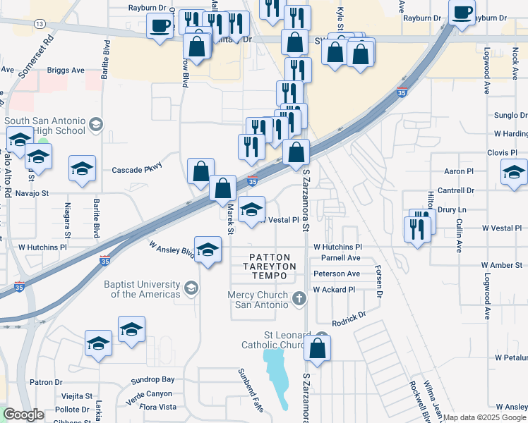 map of restaurants, bars, coffee shops, grocery stores, and more near 1715 West Vestal Place in San Antonio