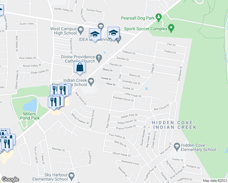 map of restaurants, bars, coffee shops, grocery stores, and more near 8531 Little Creek Drive in San Antonio