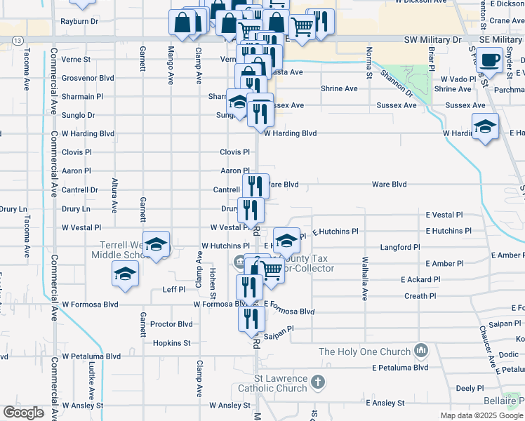 map of restaurants, bars, coffee shops, grocery stores, and more near 3128 Pleasanton Road in San Antonio