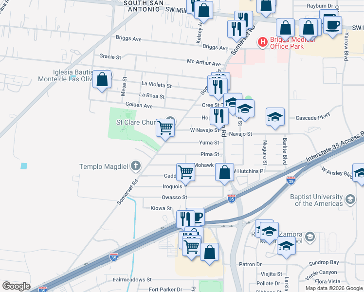 map of restaurants, bars, coffee shops, grocery stores, and more near 230 Yuma St in San Antonio