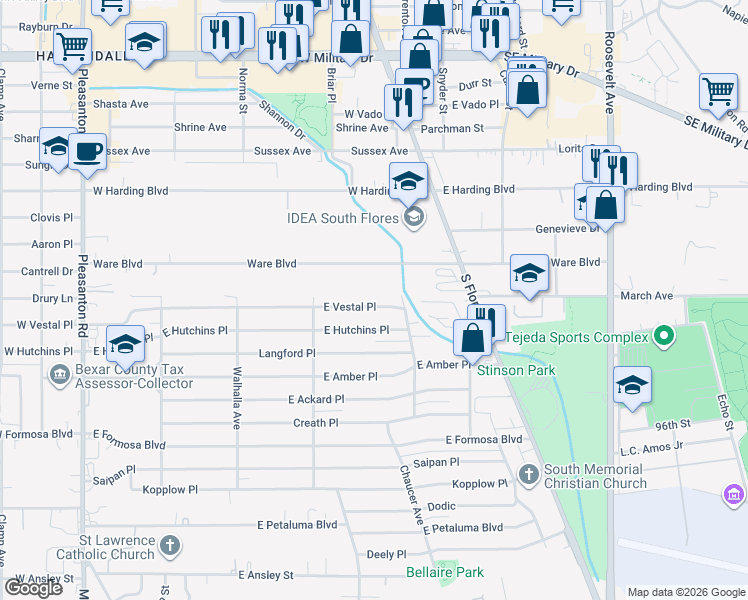 map of restaurants, bars, coffee shops, grocery stores, and more near 455 East Vestal Place in San Antonio