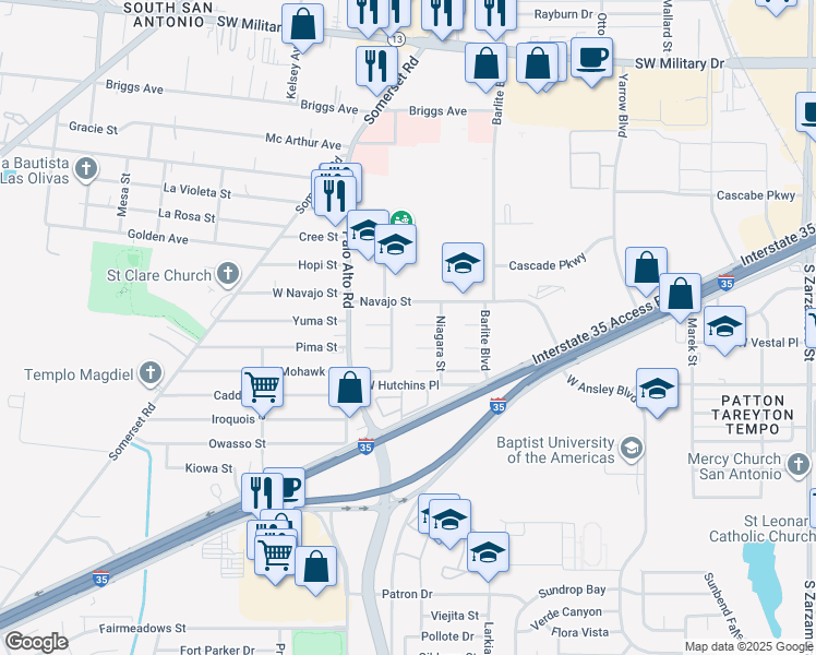 map of restaurants, bars, coffee shops, grocery stores, and more near 2726 Coldstream Street in San Antonio