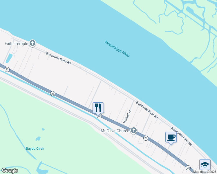 map of restaurants, bars, coffee shops, grocery stores, and more near 39582 Boothville River Road in Buras