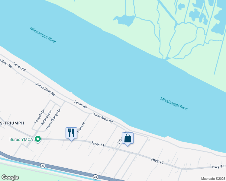 map of restaurants, bars, coffee shops, grocery stores, and more near Buras River Road in Buras