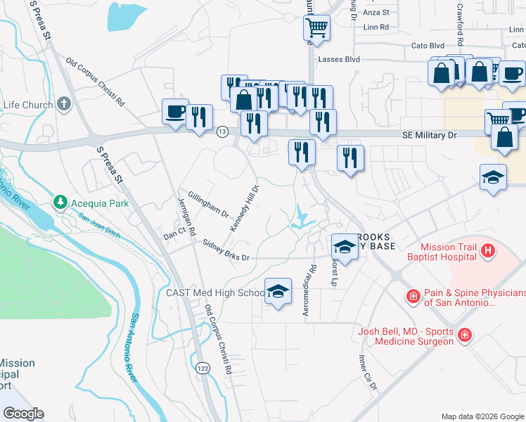 map of restaurants, bars, coffee shops, grocery stores, and more near 7714 Kennedy Hill in San Antonio