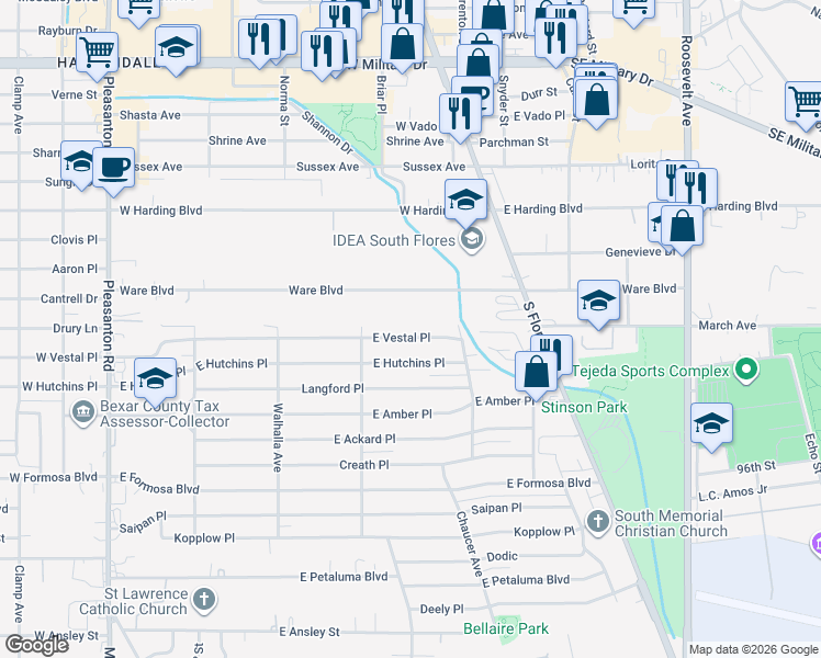 map of restaurants, bars, coffee shops, grocery stores, and more near 455 East Vestal Place in San Antonio
