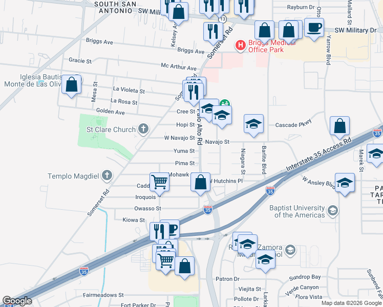 map of restaurants, bars, coffee shops, grocery stores, and more near 114 Yuma Street in San Antonio