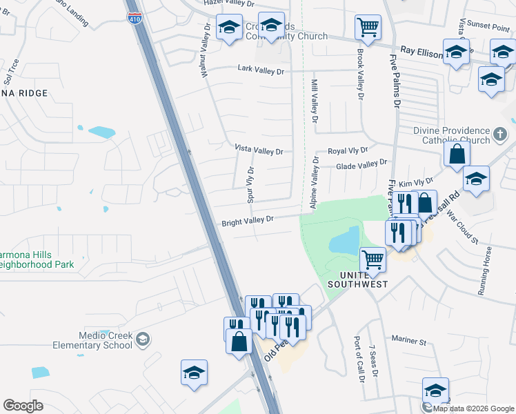 map of restaurants, bars, coffee shops, grocery stores, and more near 6130 Haven Valley in San Antonio