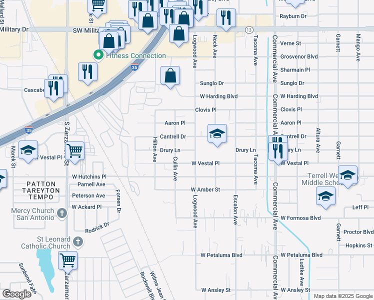 map of restaurants, bars, coffee shops, grocery stores, and more near 1230 Drury Lane in San Antonio