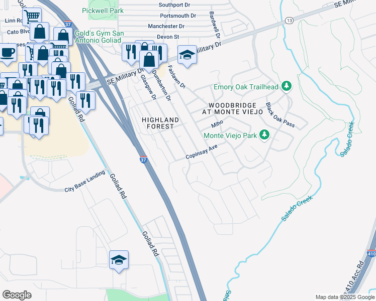 map of restaurants, bars, coffee shops, grocery stores, and more near 7818 Glasgow Dr in San Antonio