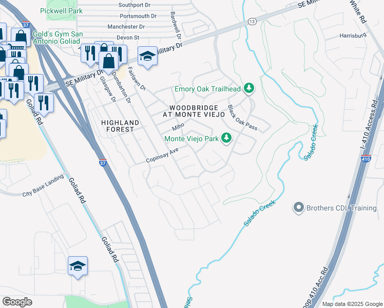 map of restaurants, bars, coffee shops, grocery stores, and more near 3838 Otono in San Antonio