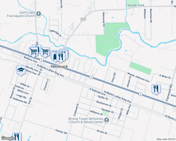 map of restaurants, bars, coffee shops, grocery stores, and more near 7440 Highway 6 in Hitchcock