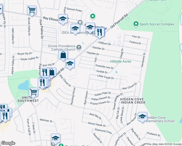 map of restaurants, bars, coffee shops, grocery stores, and more near 5531 Little Creek Drive in San Antonio