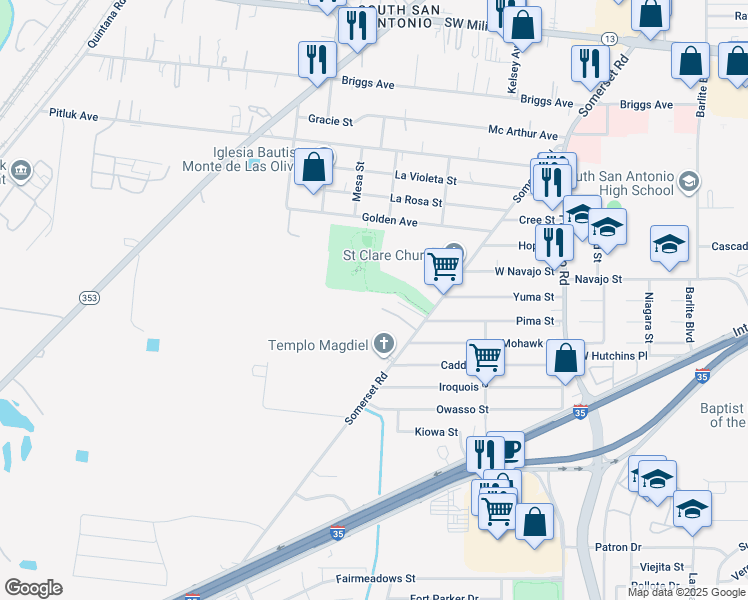 map of restaurants, bars, coffee shops, grocery stores, and more near 7903 Somerset Road in San Antonio