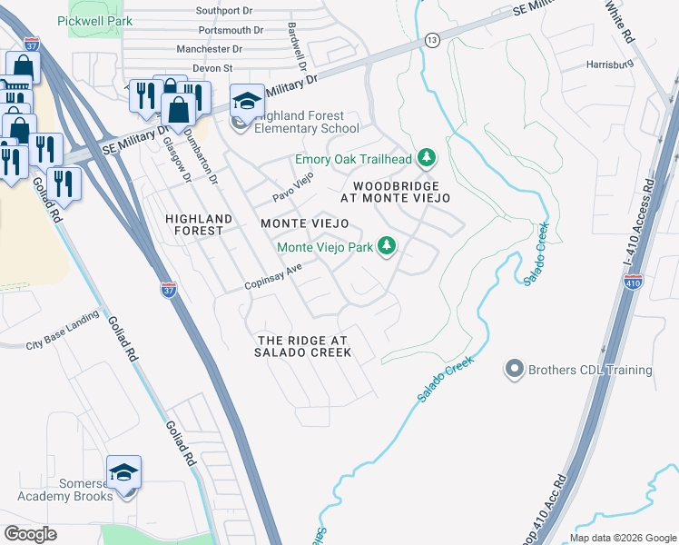 map of restaurants, bars, coffee shops, grocery stores, and more near 3906 Cinco Rios in San Antonio