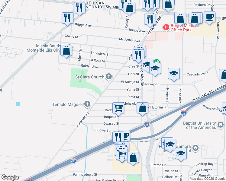 map of restaurants, bars, coffee shops, grocery stores, and more near 230 Yuma Street in San Antonio