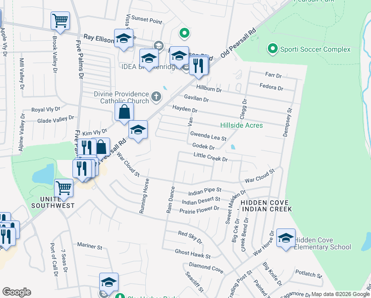 map of restaurants, bars, coffee shops, grocery stores, and more near 5531 Little Creek Drive in San Antonio