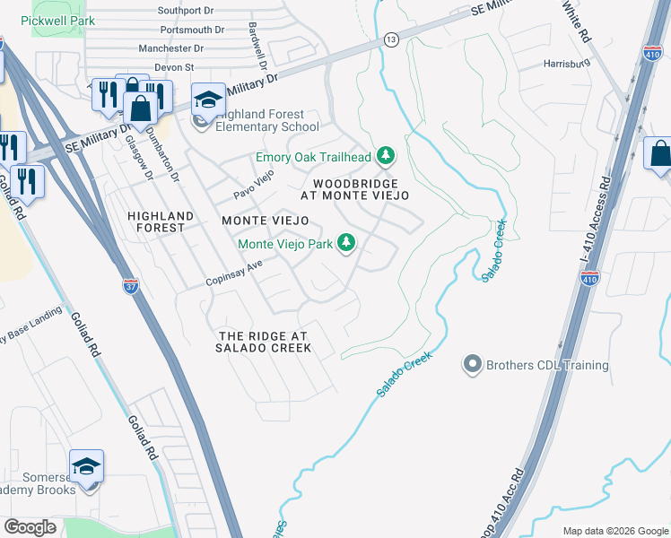 map of restaurants, bars, coffee shops, grocery stores, and more near 8062 Chisos Oak Drive in San Antonio