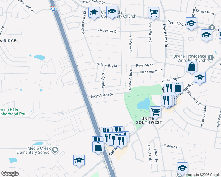 map of restaurants, bars, coffee shops, grocery stores, and more near 6130 Haven Valley in San Antonio
