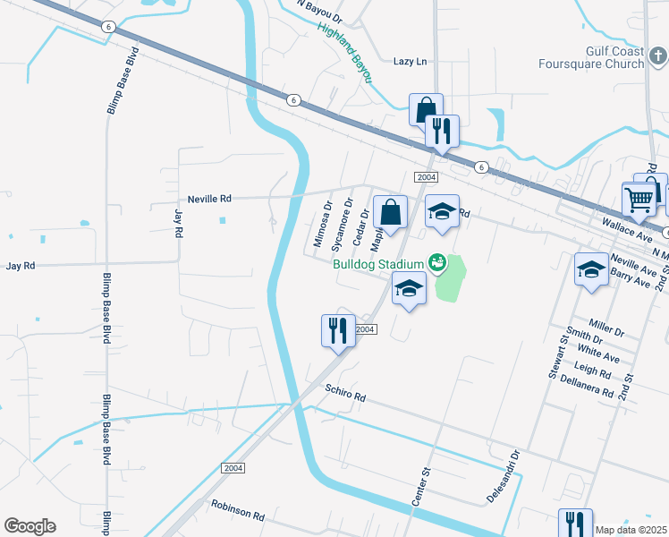 map of restaurants, bars, coffee shops, grocery stores, and more near 1301 Oak Drive in Hitchcock