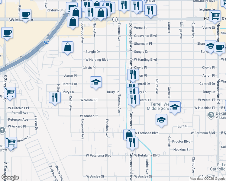 map of restaurants, bars, coffee shops, grocery stores, and more near 914 Drury Lane in San Antonio