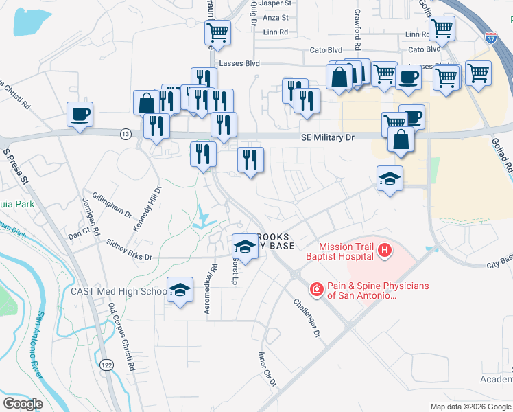 map of restaurants, bars, coffee shops, grocery stores, and more near 7903 South New Braunfels Avenue in San Antonio