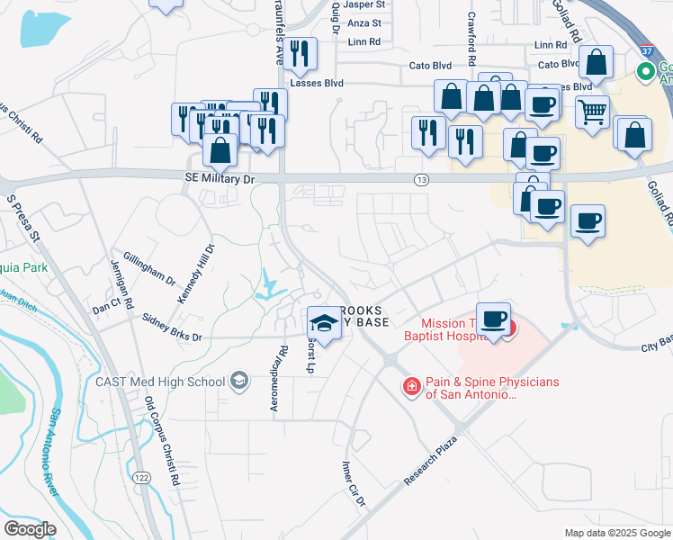 map of restaurants, bars, coffee shops, grocery stores, and more near 7903 South New Braunfels Avenue in San Antonio
