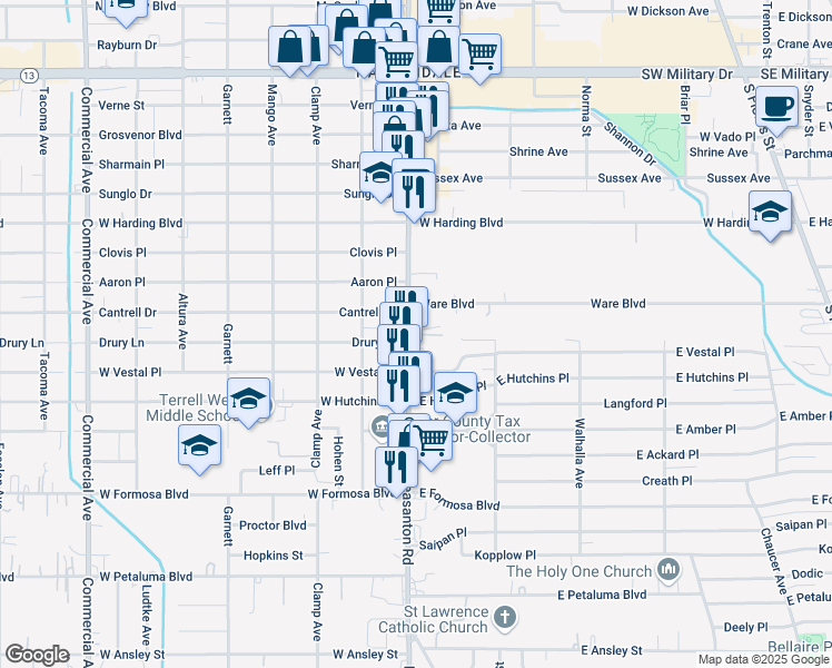 map of restaurants, bars, coffee shops, grocery stores, and more near 3128 Pleasanton Road in San Antonio