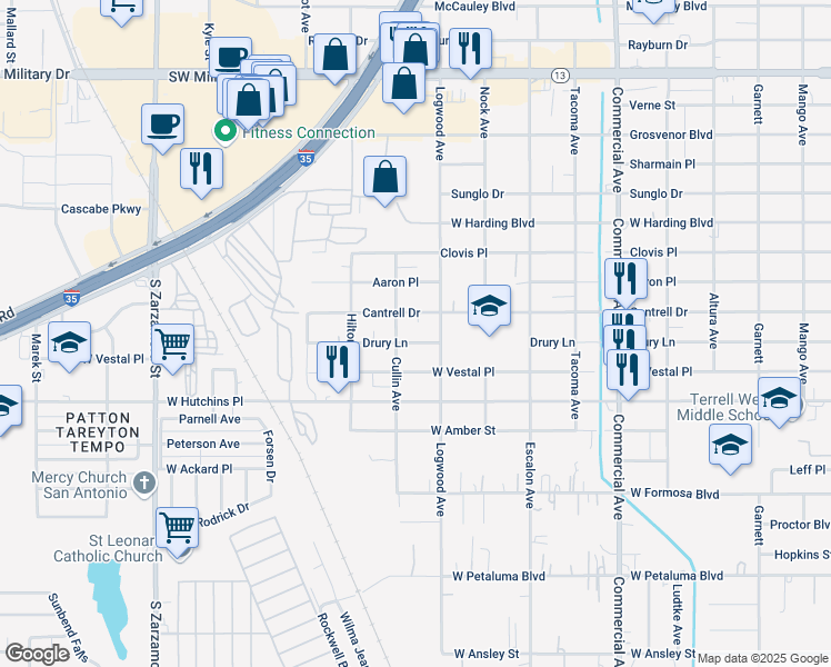 map of restaurants, bars, coffee shops, grocery stores, and more near 1230 Drury Lane in San Antonio