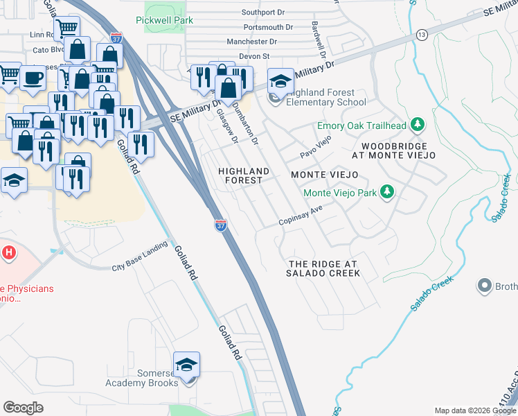 map of restaurants, bars, coffee shops, grocery stores, and more near 7813 Shetland Drive in San Antonio