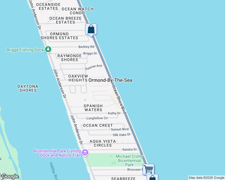 map of restaurants, bars, coffee shops, grocery stores, and more near 2220 Ocean Shore Boulevard in Ormond Beach