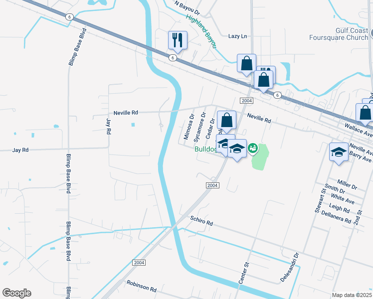 map of restaurants, bars, coffee shops, grocery stores, and more near 1301 Oak Drive in Hitchcock