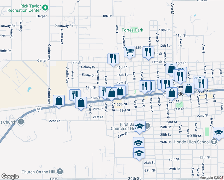 map of restaurants, bars, coffee shops, grocery stores, and more near 1908 18th Street in Hondo