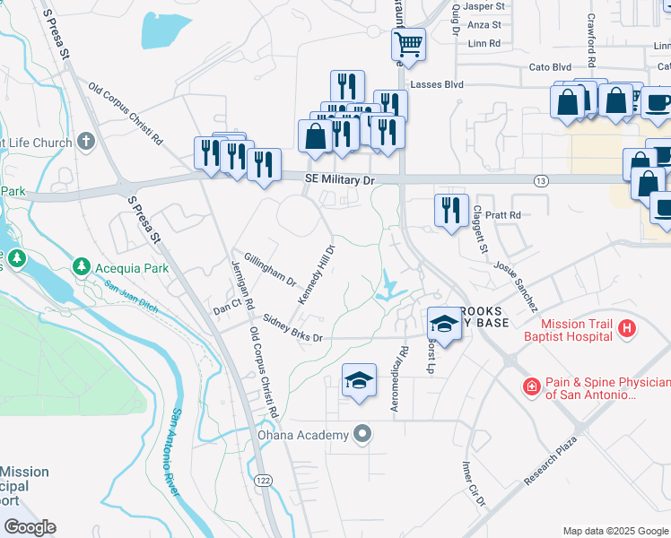 map of restaurants, bars, coffee shops, grocery stores, and more near 7714 Kennedy Hill in San Antonio