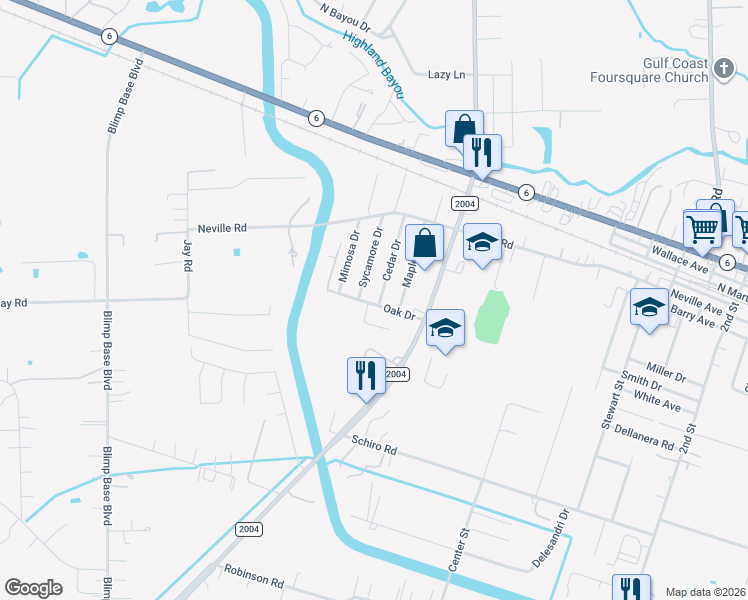 map of restaurants, bars, coffee shops, grocery stores, and more near 334 Cedar Drive in Hitchcock