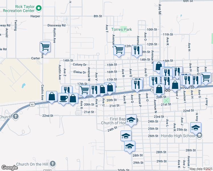 map of restaurants, bars, coffee shops, grocery stores, and more near 1908 18th Street in Hondo
