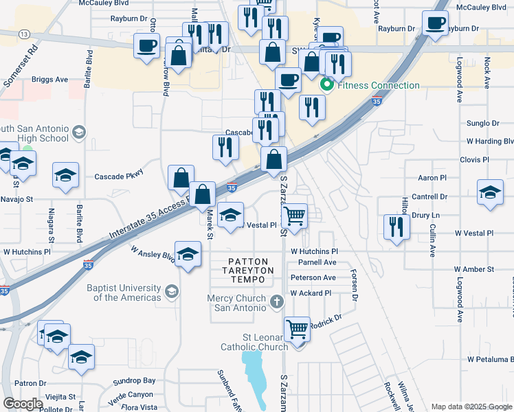 map of restaurants, bars, coffee shops, grocery stores, and more near 1715 West Vestal Place in San Antonio