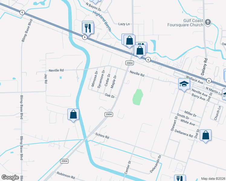 map of restaurants, bars, coffee shops, grocery stores, and more near 1237 Oak Drive in Hitchcock