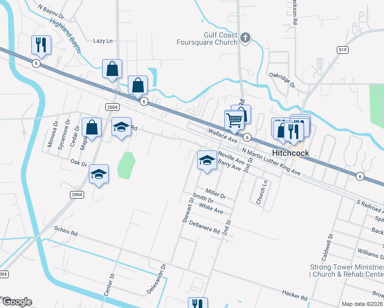 map of restaurants, bars, coffee shops, grocery stores, and more near 7002 Smith Drive in Hitchcock