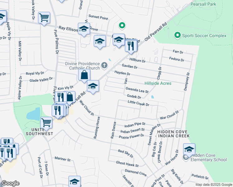 map of restaurants, bars, coffee shops, grocery stores, and more near 5514 Godek Drive in San Antonio