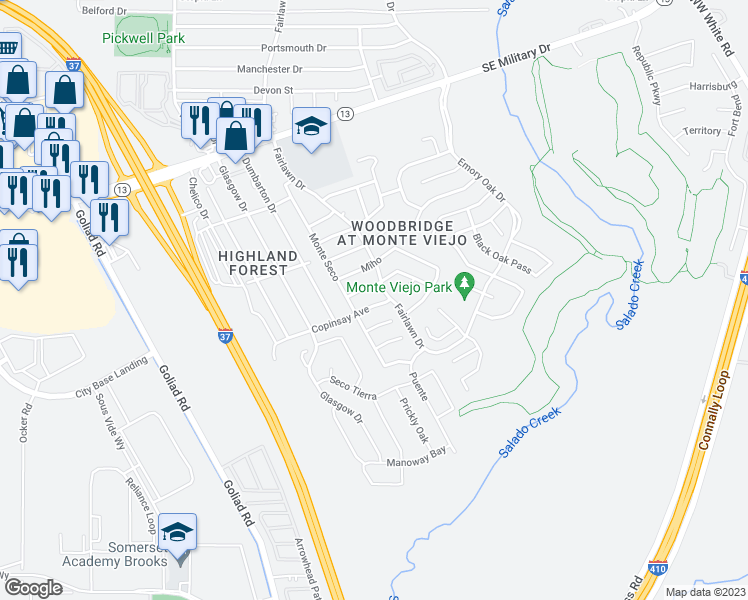 map of restaurants, bars, coffee shops, grocery stores, and more near 3823 Copinsay Avenue in San Antonio