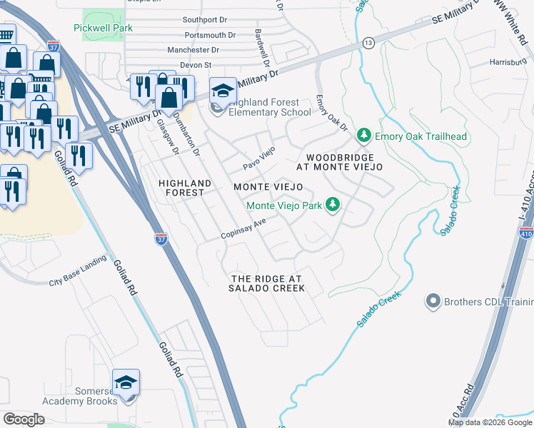 map of restaurants, bars, coffee shops, grocery stores, and more near 3835 Mas Frio in San Antonio