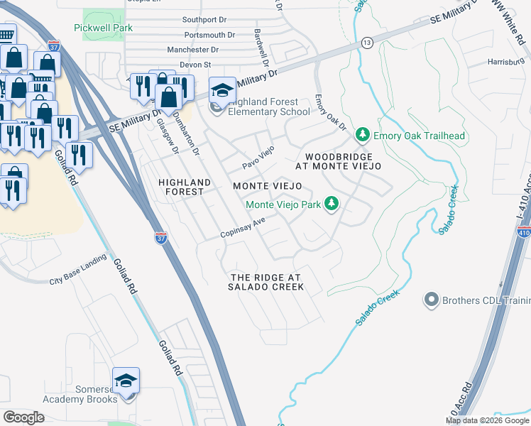 map of restaurants, bars, coffee shops, grocery stores, and more near 3835 Mas Frio in San Antonio