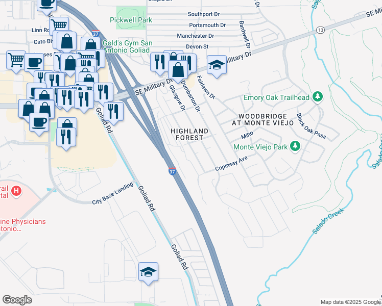 map of restaurants, bars, coffee shops, grocery stores, and more near 7703 Glasgow Drive in San Antonio