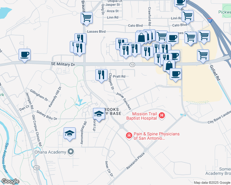 map of restaurants, bars, coffee shops, grocery stores, and more near 114 Chaney Street in San Antonio