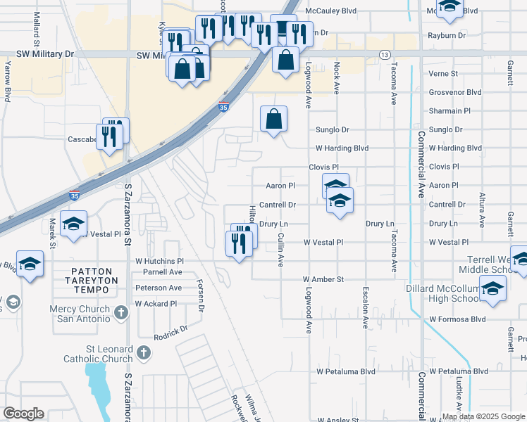 map of restaurants, bars, coffee shops, grocery stores, and more near 1327 Cantrell Drive in San Antonio