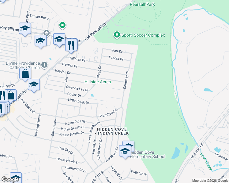 map of restaurants, bars, coffee shops, grocery stores, and more near 5135 Sherry Drive in San Antonio